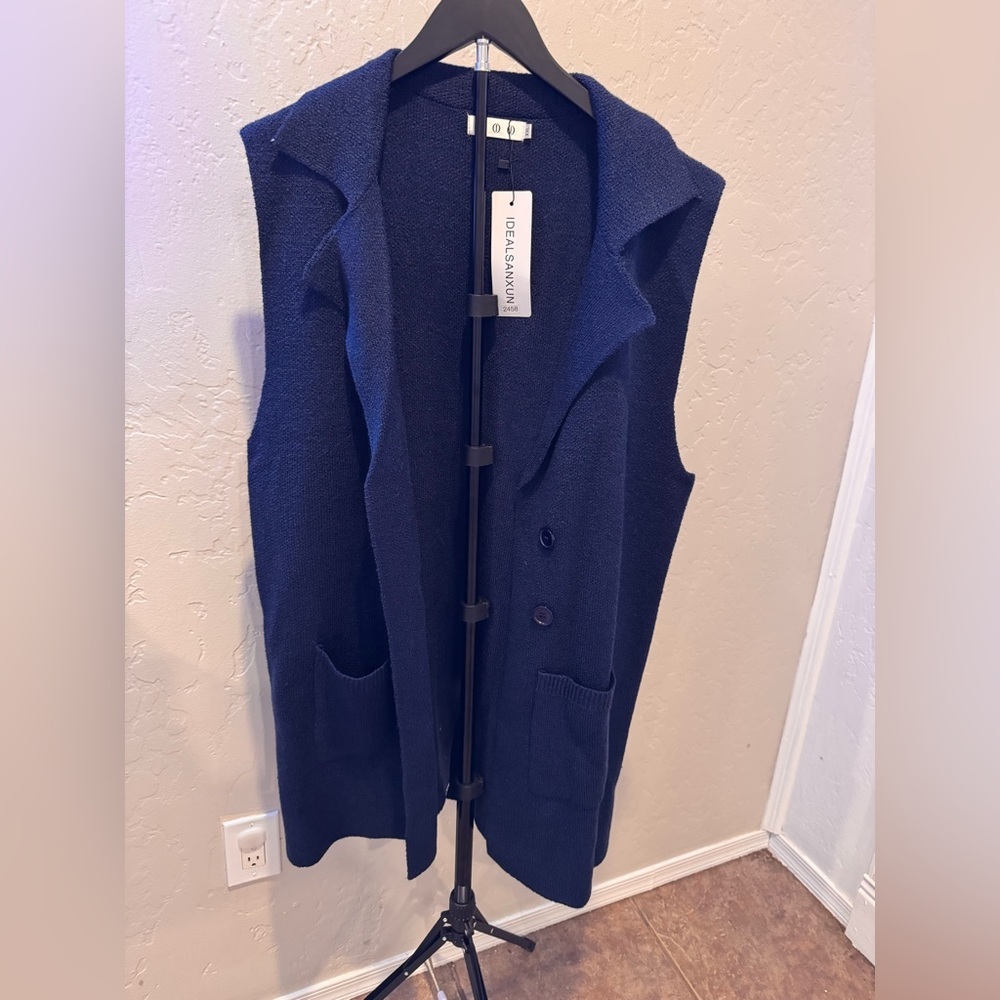 Navy Blue Sleeveless Vest with Pockets